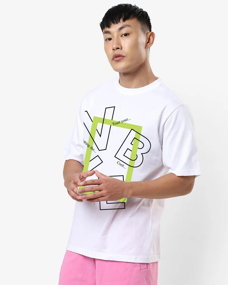 bewakoof Men's White Vibe Typography Oversized T-shirt